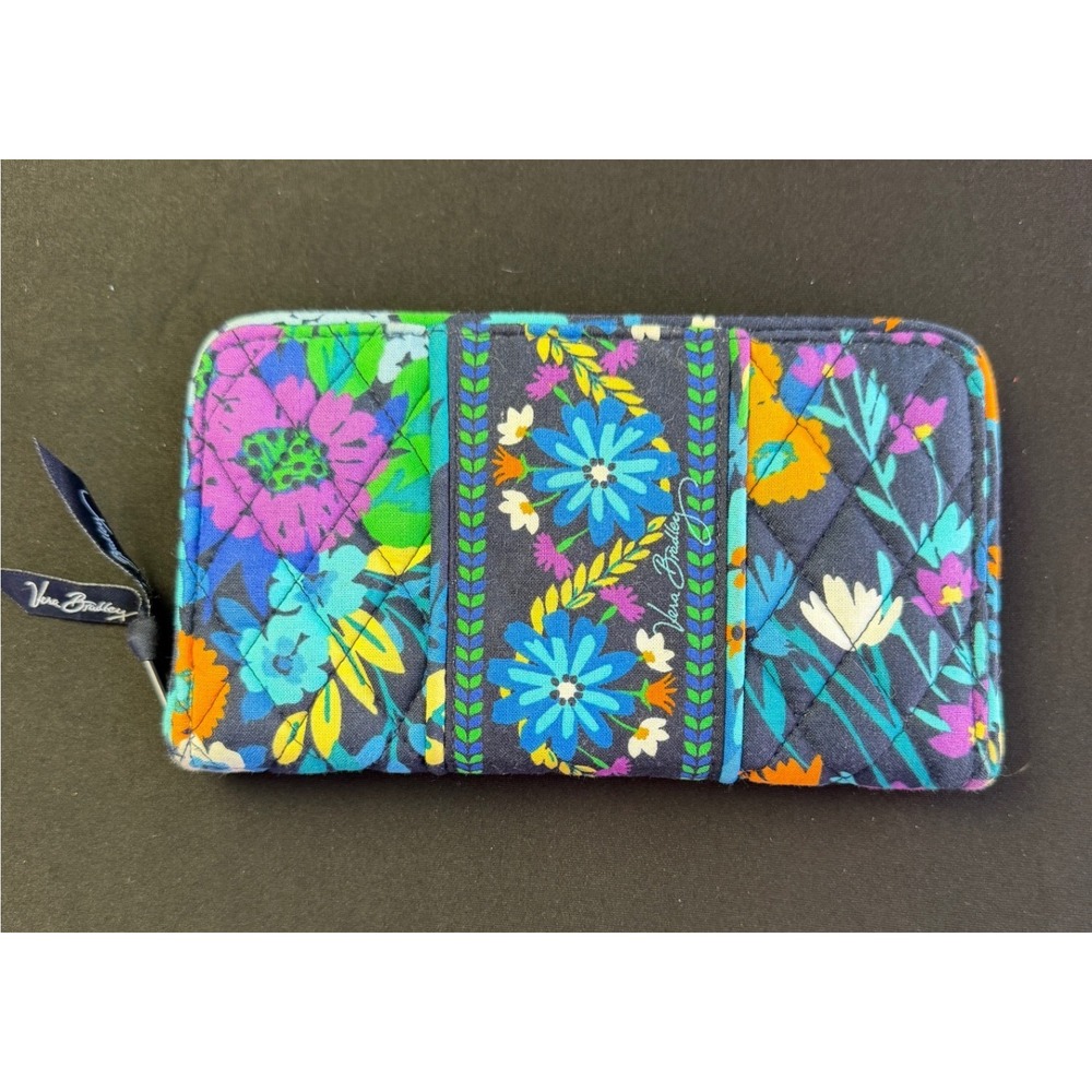 Vera Bradley Floral Quilted Cotton Zip Around Wallet Midnight Blue Purple Boho - Picture 7 of 8